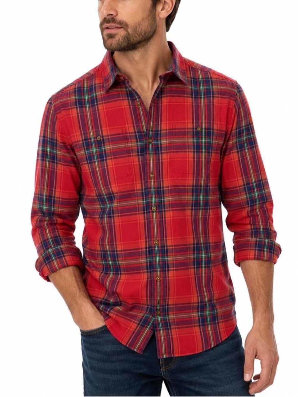 American Eagle Outfitters Red Plaid Casual Button-Down Shirt 212 casual work